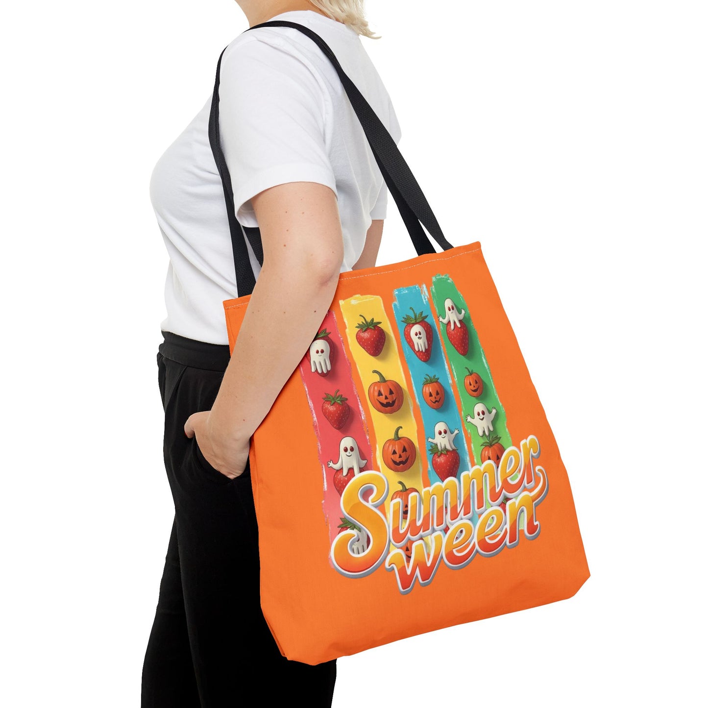 Summerween Tote Bag, Cute Ghost & Strawberry Design, Spooky Fruit School Bookbag, Teachers Gift, Large Canvas Tote, Back-to-School Gift, Beach Tote Bag