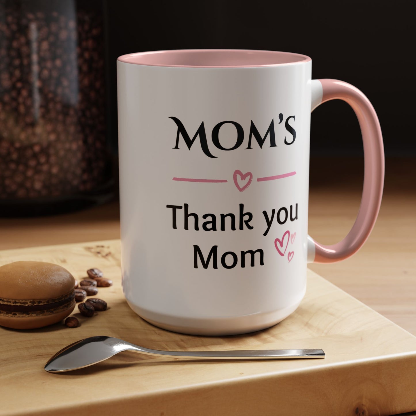 Cozy Accent Coffee Mug | Perfect Gift for Mom, saying, “Hugs solve most things” and facing her it says, Thank you Mom!