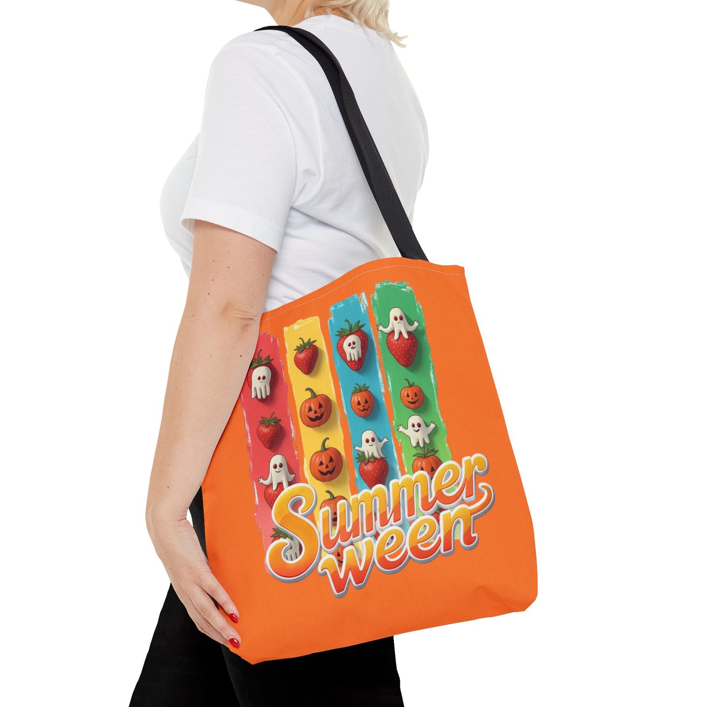 Summerween Tote Bag, Cute Ghost & Strawberry Design, Spooky Fruit School Bookbag, Teachers Gift, Large Canvas Tote, Back-to-School Gift, Beach Tote Bag