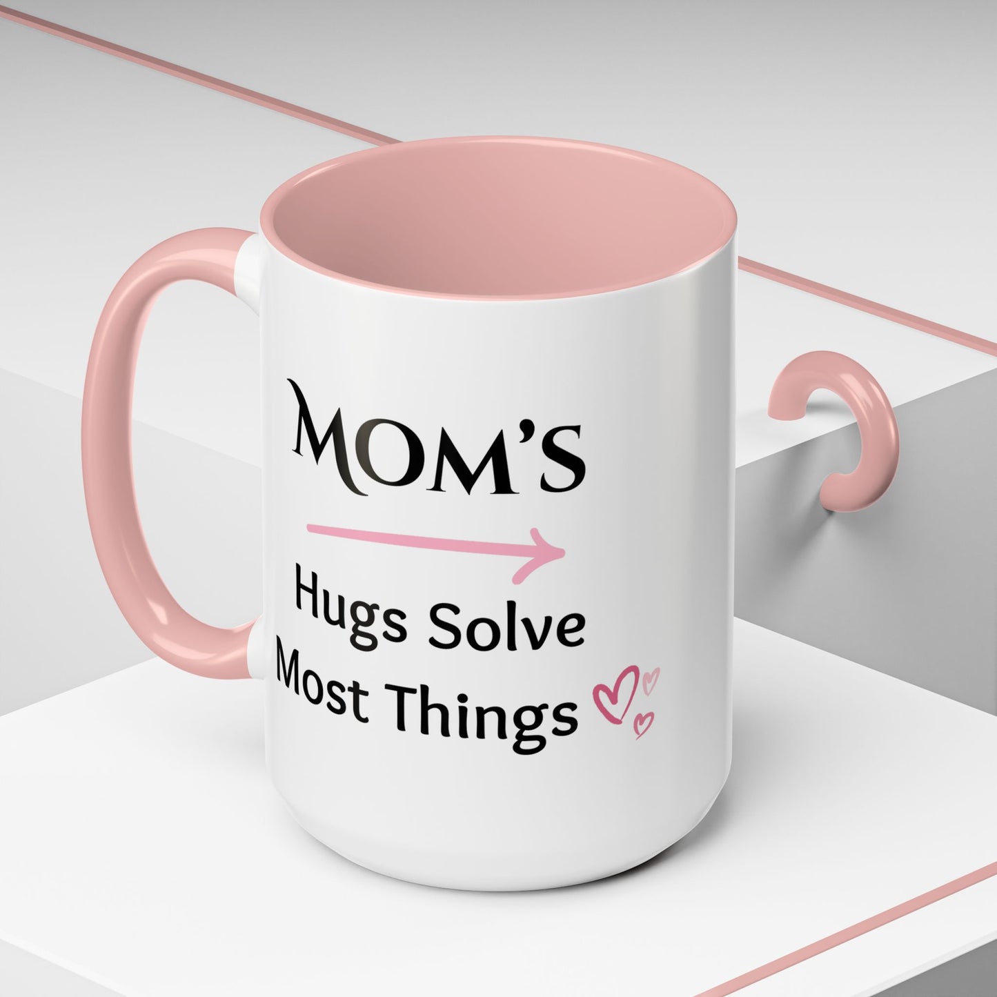 Cozy Accent Coffee Mug | Perfect Gift for Mom, saying, “Hugs solve most things” and facing her it says, Thank you Mom!