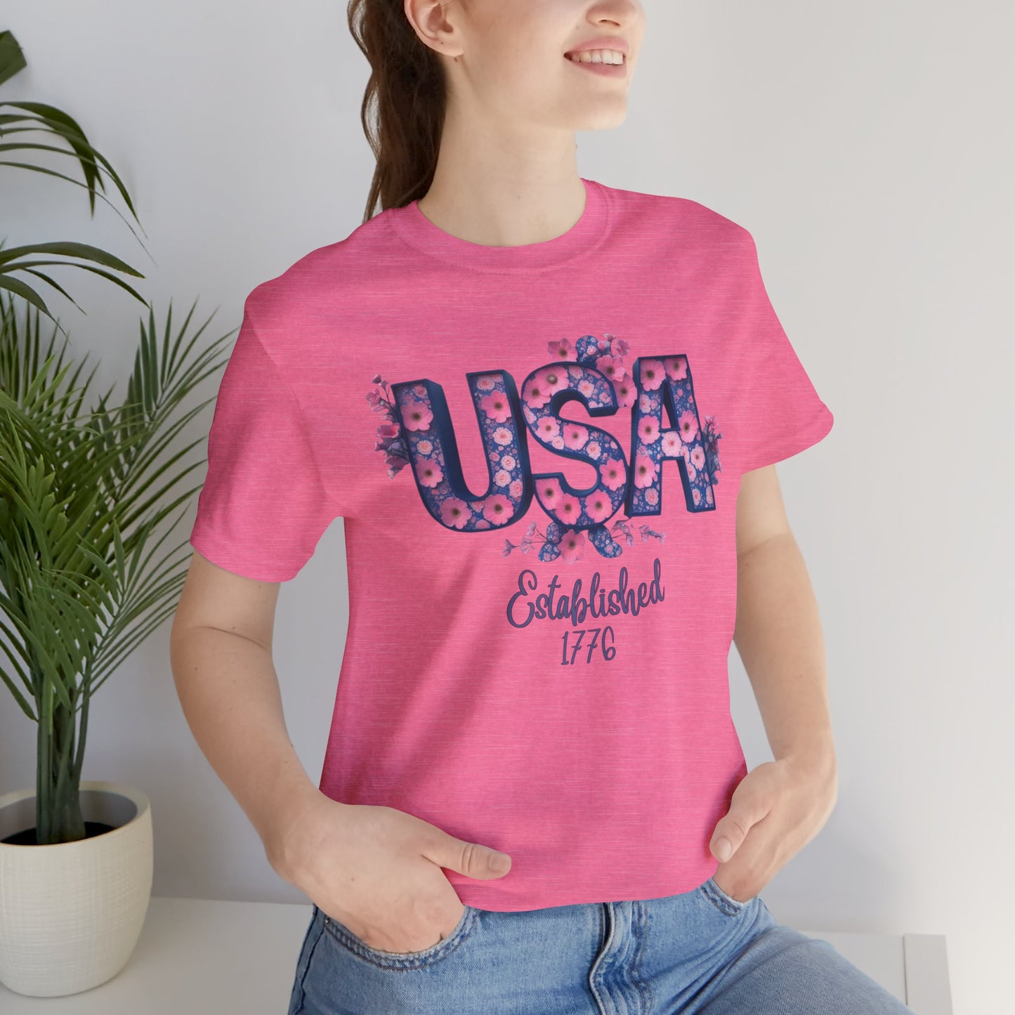 Classic Patriotic Floral USA Tee for Summer Celebrations, Unisex T-Shirt, Independence Day Gift, Casual Everyday Wear, Floral Graphic Tee