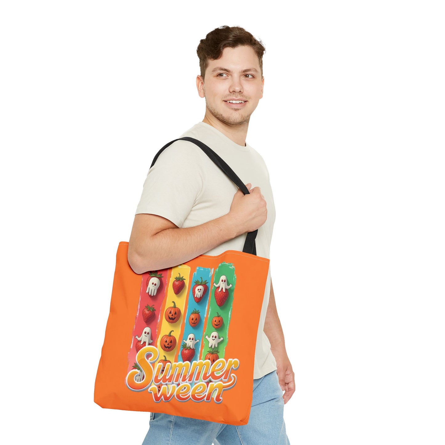 Summerween Tote Bag, Cute Ghost & Strawberry Design, Spooky Fruit School Bookbag, Teachers Gift, Large Canvas Tote, Back-to-School Gift, Beach Tote Bag