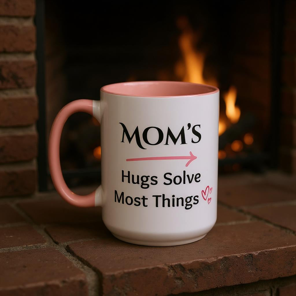 Cozy Accent Coffee Mug | Perfect Gift for Mom, saying, “Hugs solve most things” and facing her it says, Thank you Mom!