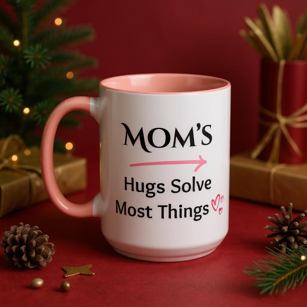 Cozy Accent Coffee Mug | Perfect Gift for Mom, saying, “Hugs solve most things” and facing her it says, Thank you Mom!