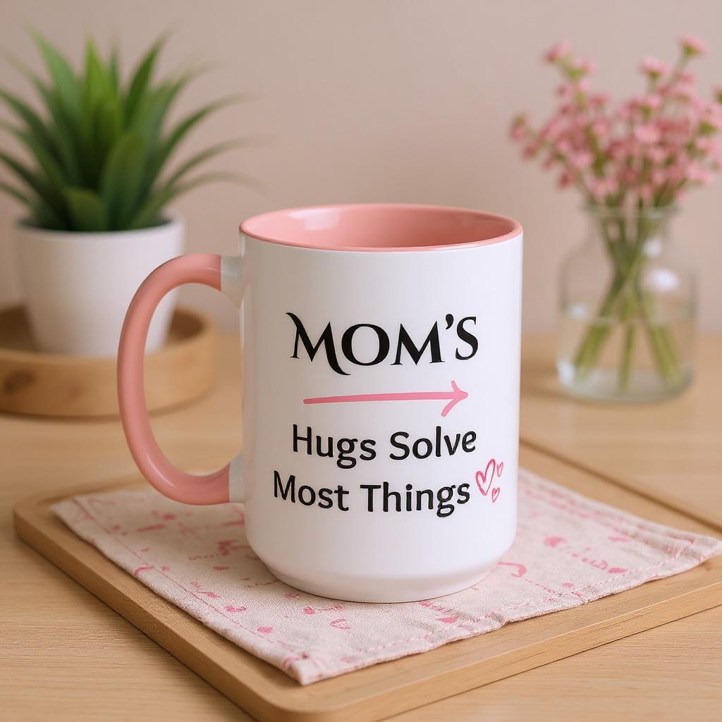 Cozy Accent Coffee Mug | Perfect Gift for Mom, saying, “Hugs solve most things” and facing her it says, Thank you Mom!