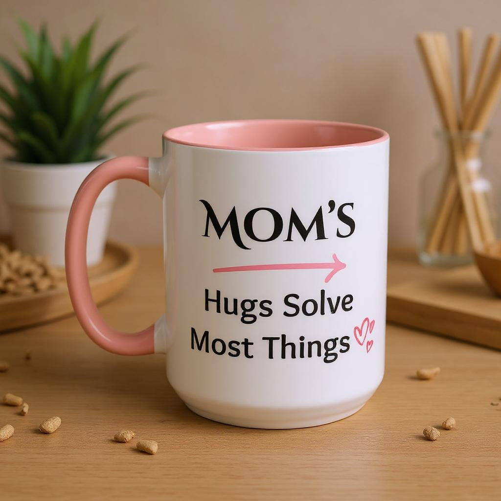 Cozy Accent Coffee Mug | Perfect Gift for Mom, saying, “Hugs solve most things” and facing her it says, Thank you Mom!