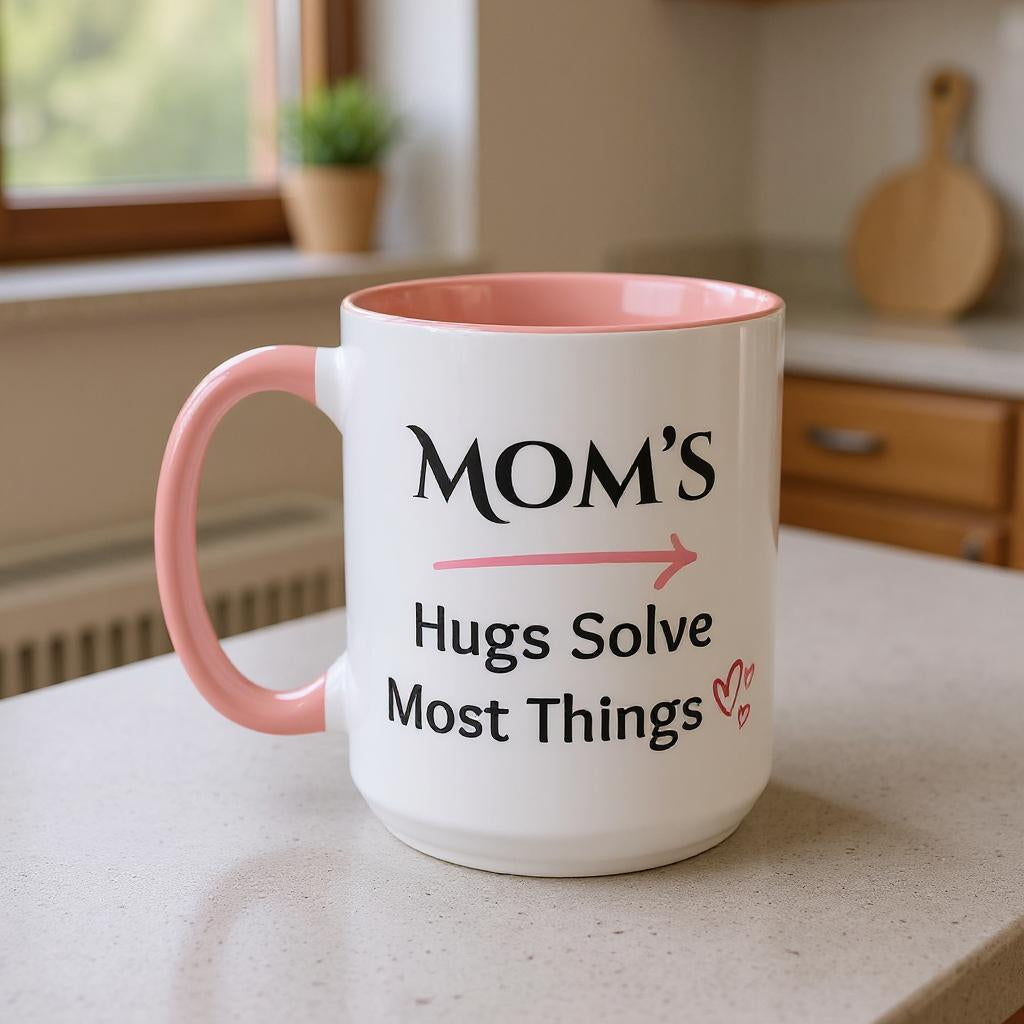 Cozy Accent Coffee Mug | Perfect Gift for Mom, saying, “Hugs solve most things” and facing her it says, Thank you Mom!