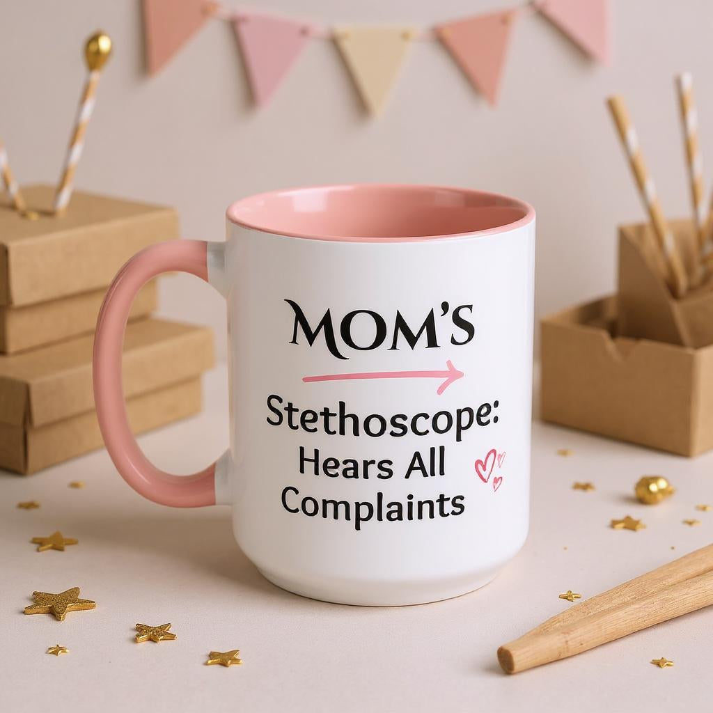 Cozy Accent Coffee Mug | Perfect Gift for Mom, saying, “Mom’s Stethoscope: Hears All Complaints” and facing her it says, Thank you Mom!