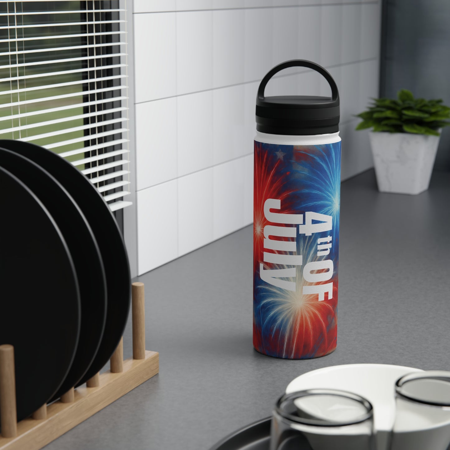 Patriotic Stainless Steel Water Bottle, Handle Lid | 4th of July Essentials, Travel Mug, Summer BBQ Accessory, Gift for Him