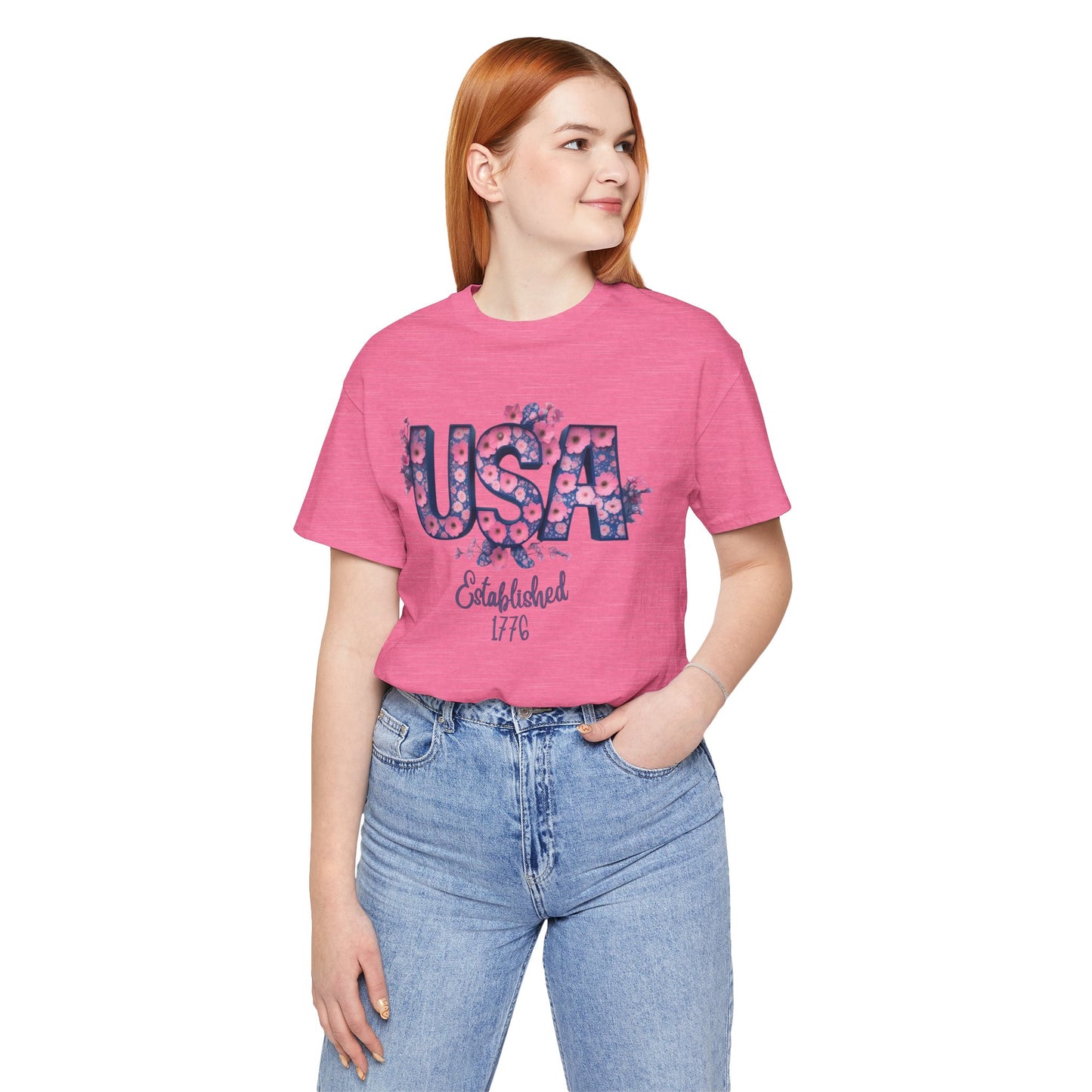 Classic Patriotic Floral USA Tee for Summer Celebrations, Unisex T-Shirt, Independence Day Gift, Casual Everyday Wear, Floral Graphic Tee