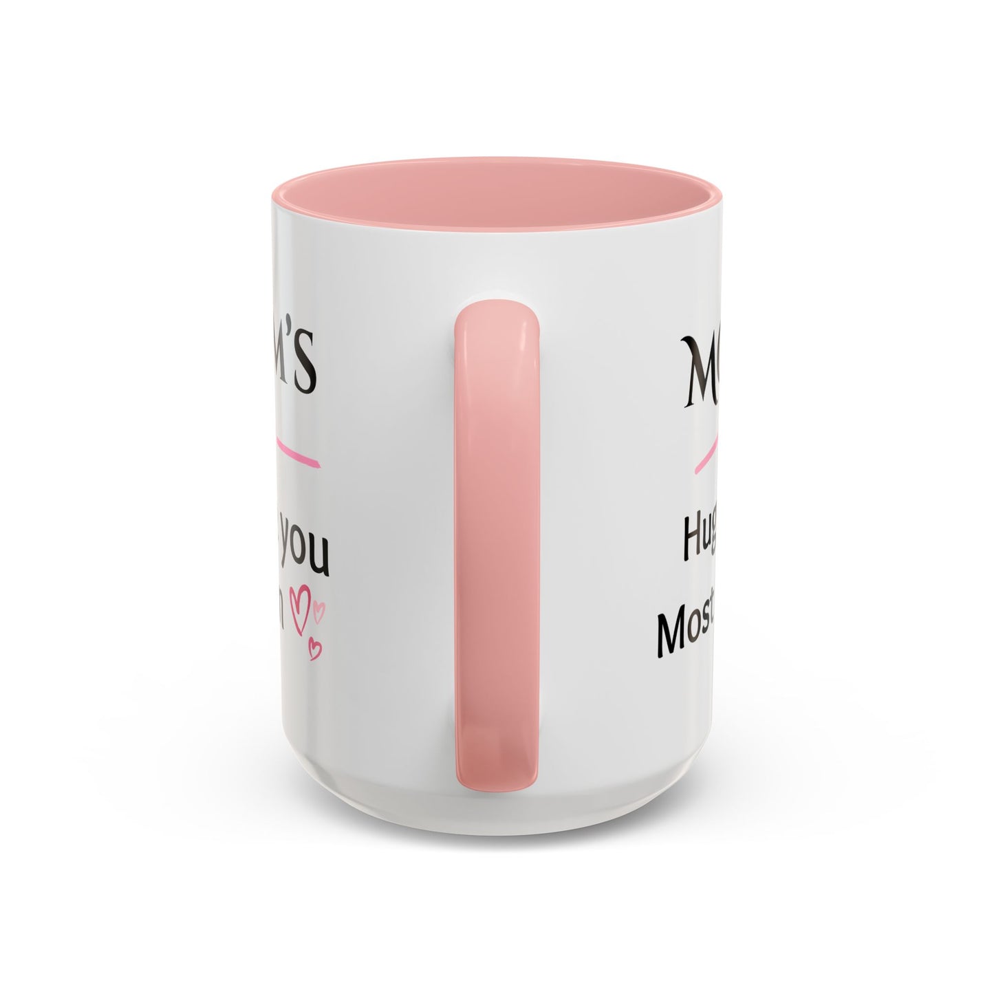 Cozy Accent Coffee Mug | Perfect Gift for Mom, saying, “Hugs solve most things” and facing her it says, Thank you Mom!