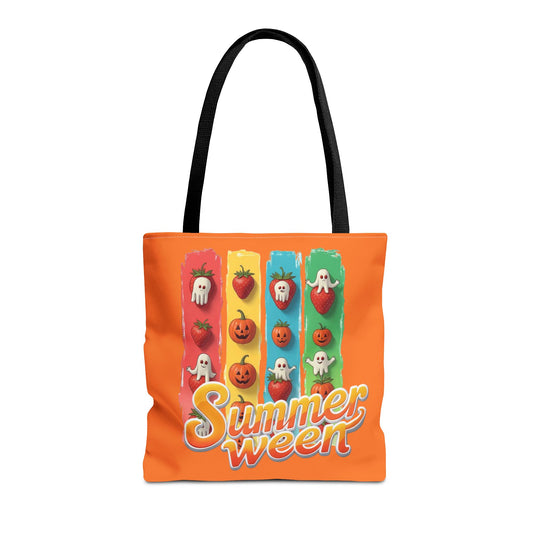 Summerween Tote Bag, Cute Ghost & Strawberry Design, Spooky Fruit School Bookbag, Teachers Gift, Large Canvas Tote, Back-to-School Gift, Beach Tote Bag