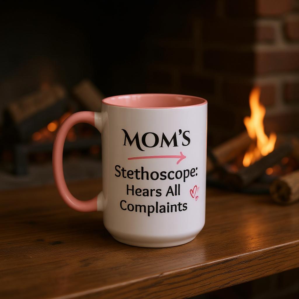 Cozy Accent Coffee Mug | Perfect Gift for Mom, saying, “Mom’s Stethoscope: Hears All Complaints” and facing her it says, Thank you Mom!