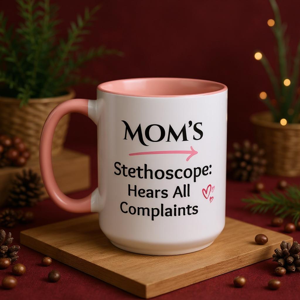Cozy Accent Coffee Mug | Perfect Gift for Mom, saying, “Mom’s Stethoscope: Hears All Complaints” and facing her it says, Thank you Mom!