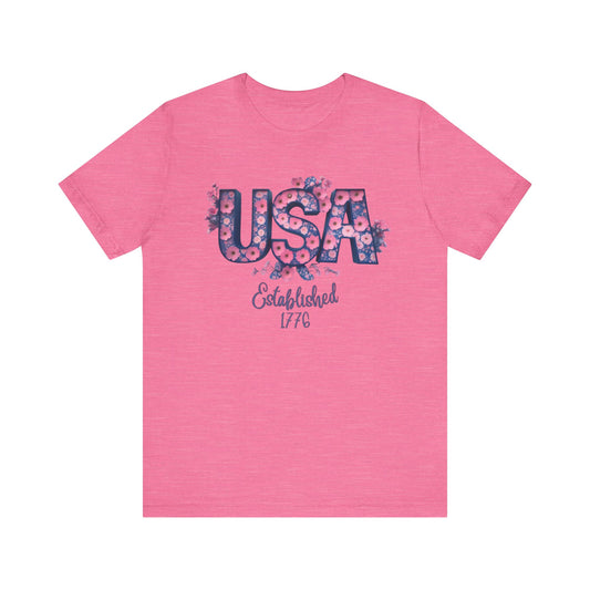 Classic Patriotic Floral USA Tee for Summer Celebrations, Unisex T-Shirt, Independence Day Gift, Casual Everyday Wear, Floral Graphic Tee